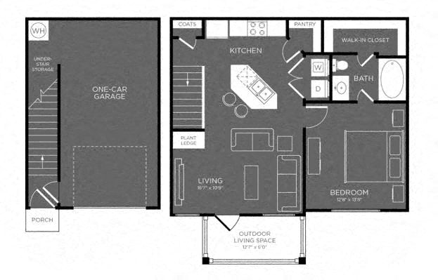 Floor plan for 1 bed, 1 bath, 750 sqft